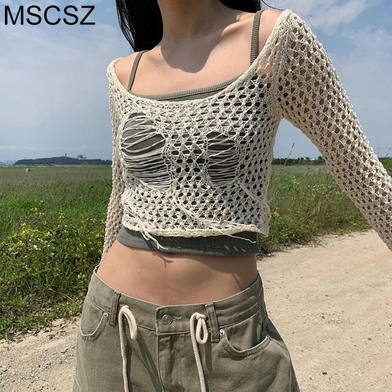 Top Trends: Y2K Knitted Top Women Long Sleeve Hollow Out Cropped Sweater Korean Style Crochet Top T-shirt New In Knitwears Shoppable Styles