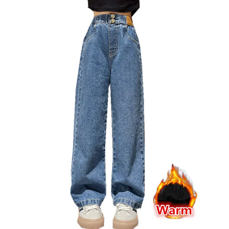 Top Trends: Teenage Girls Jeans With Fleece Autumn Winter Casual Fashion Kids Wide Leg Insulated Jeans Pants School Children Denim Trousers Shoppable Styles