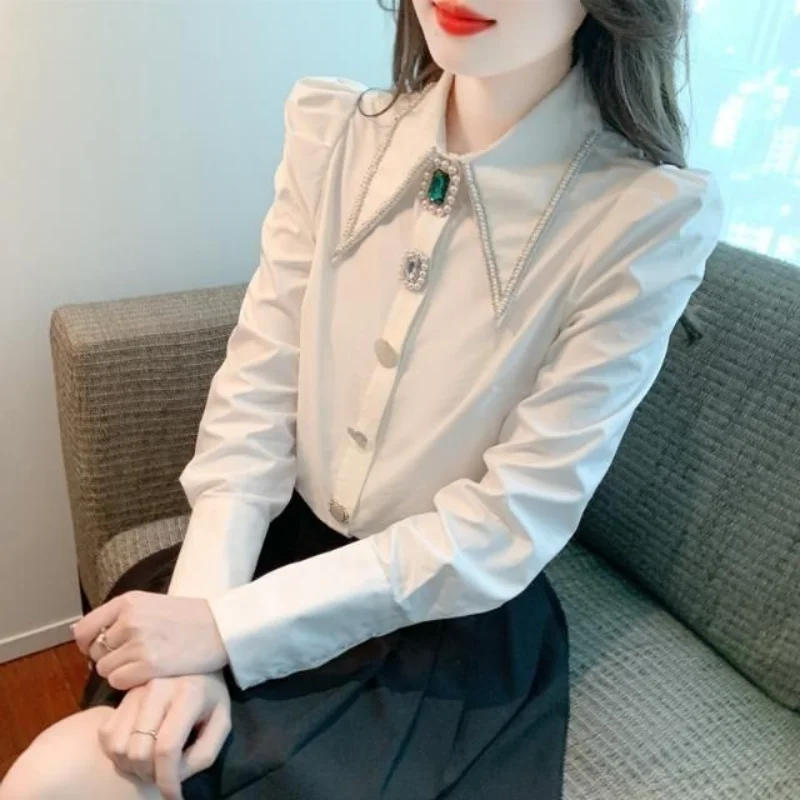 Top Trends: Women Autumn New Polo Collar Shirt Fashion And Elegant Studded With Diamonds Solid Buttons Casual And Versatile Long Sleeve Tops Shoppable Styles