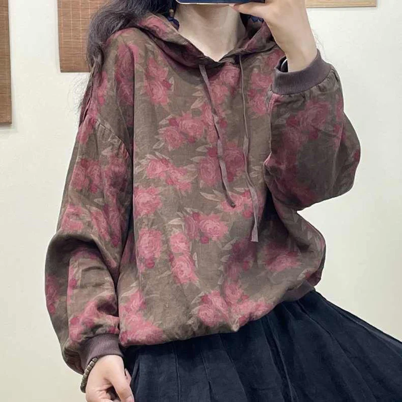 Top Trends: Fashion Printed Loose Casual Lace Up Hooded Blouses Women's Clothing 2023 Autumn Winter Oversized Korean Tops Commuter Shirts Shoppable Styles