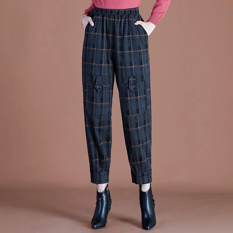 Top Trends: Original Design Print Plaid Woolen Lantern Pants Women Autumn New Elastic Waist Pockets Loose Buttons Versatile Straight Trouser Shoppable Styles - Image 2