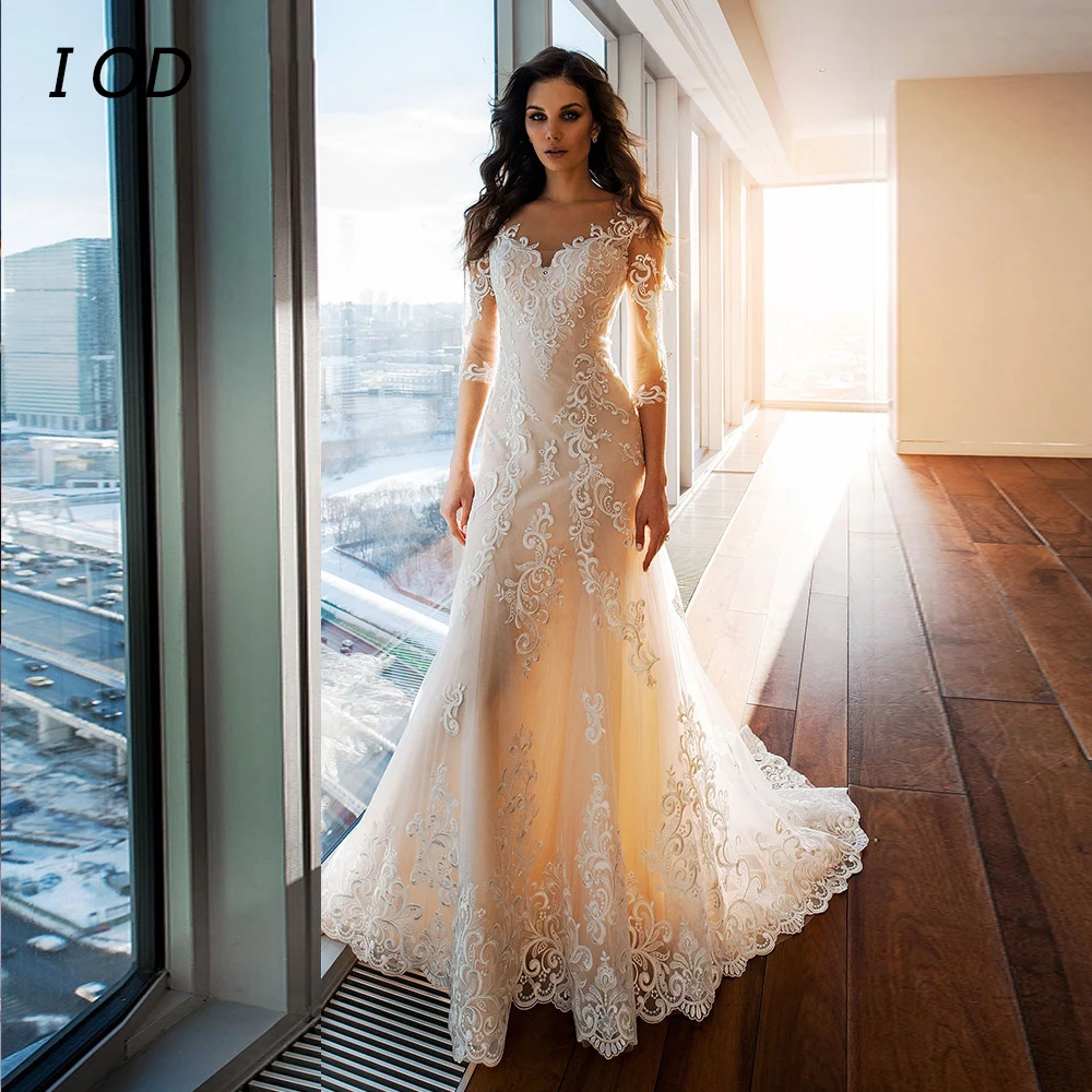 Top Trends: I OD Elegant Mermaid Wedding Dress New Sweetheart Half Sleeves Lace Applique Illusion Button Bridal Gown Floor Length Vestidos Shoppable Styles