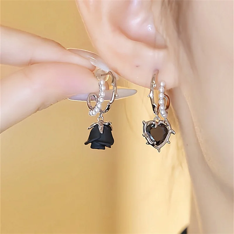 Top Trends: Vintage Asymmetric Black Rose Heart Drop Earrings For Women Delicate Luxury Zircon Butterfly Pearl Earring Girls Party Jewelry Shoppable Styles - Image 2