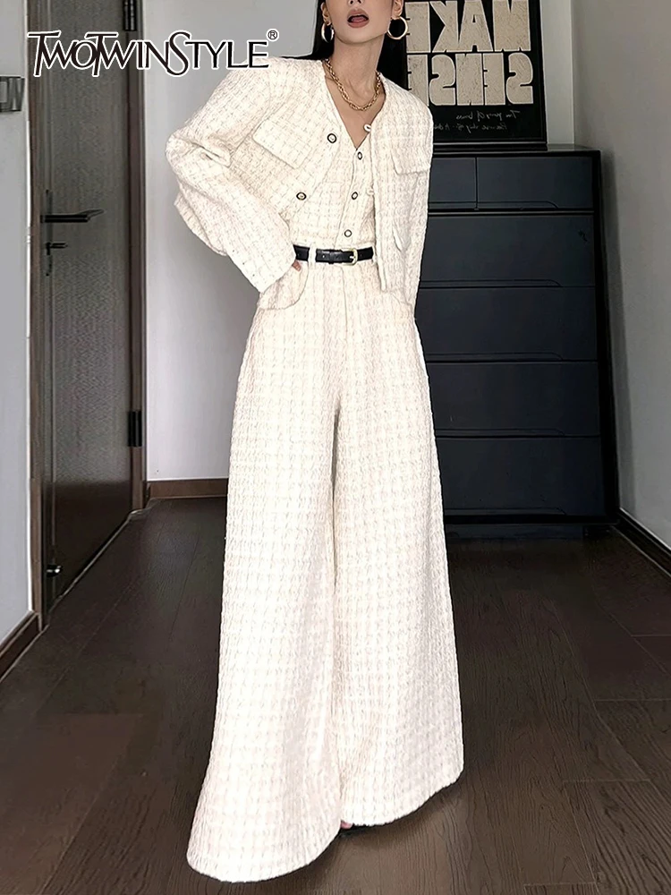 Top Trends: TWOTWINSTYLE Plaid Casual Two Piece Sets For Women V Neck Long Sleeve Coat V Neck Sleeveless High Waist Jumpsuit Chic Set Female Shoppable Styles