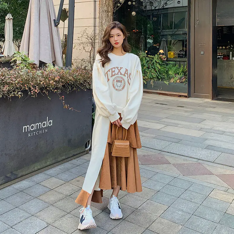 Top Trends: Spring Autumn New Contrast Irregular Dresses Long Sleeve O-Neck Pleated Loose Plus Size Midi Dress Fashion Casual Women Clothing Shoppable Styles