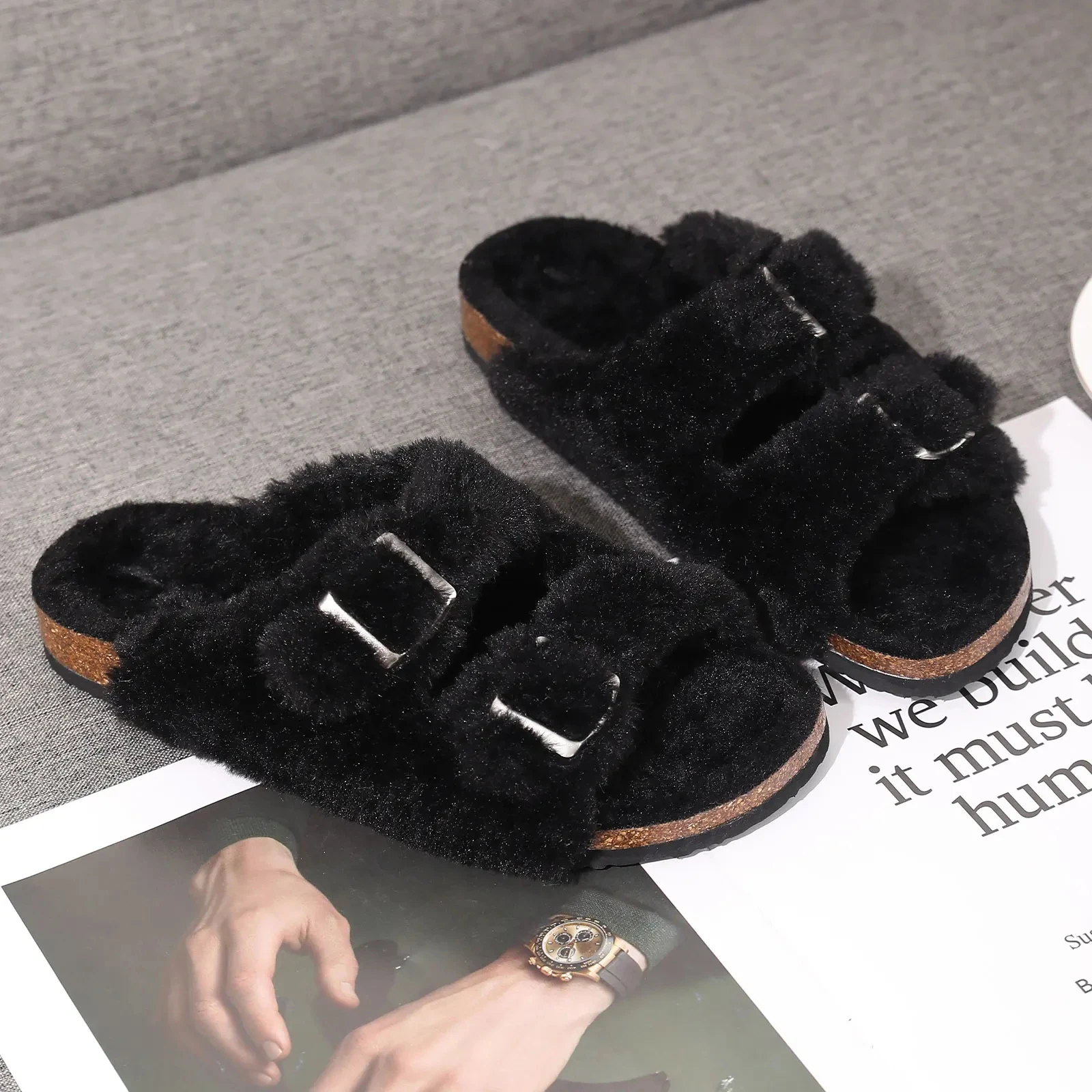 Top Trends: Bebealy Cork Plush Flip Flops Clogs For Women Slippers Winter Furry Fluffy House Slippers With Arch Support Fuzzy Fur Flip Flops Shoppable Styles