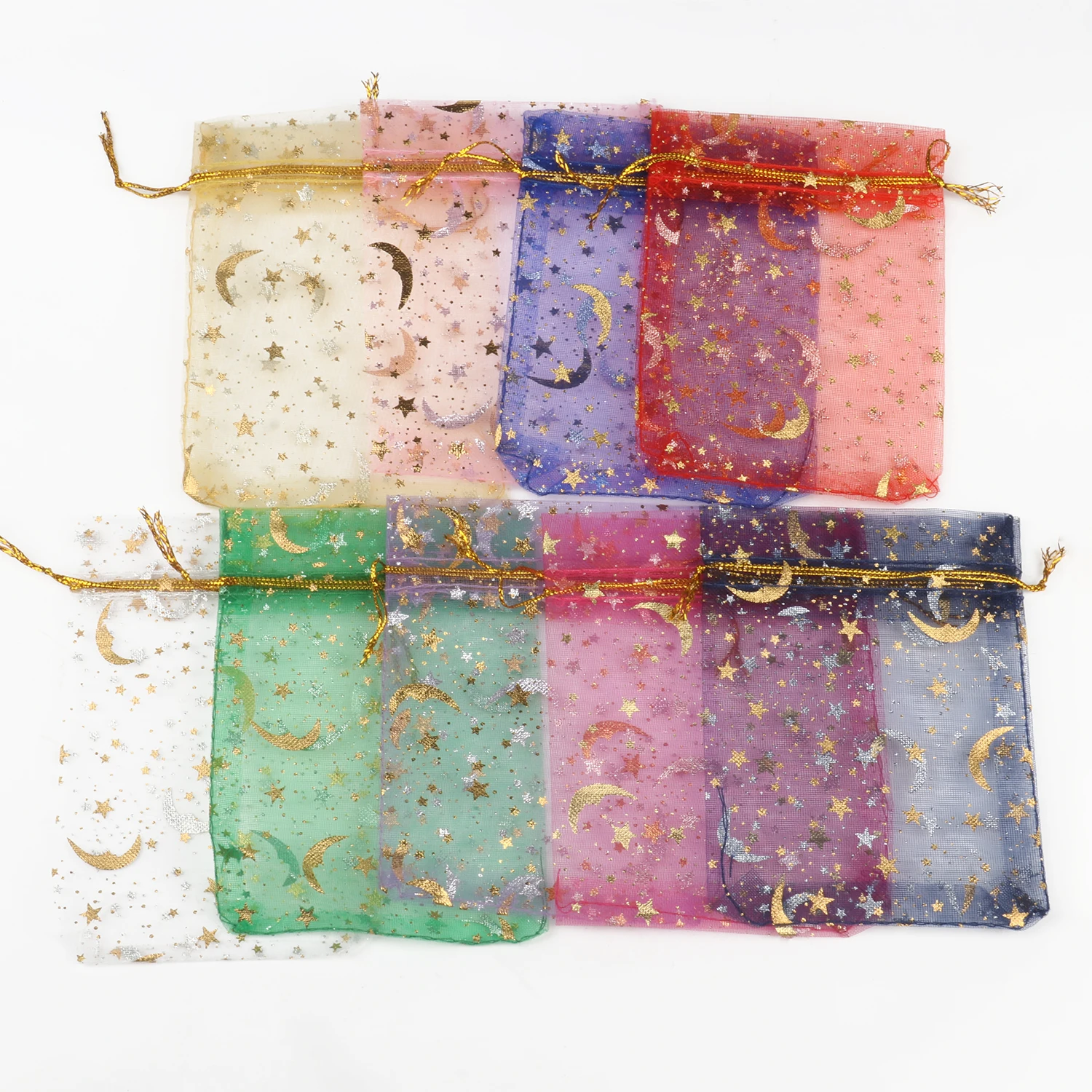 Top Trends: 50pcs 9x12cm 11x16cm 13x18cm 17x23cm Mixed Gold Moon Star Adjustable Drawstring Pouch Bags For Wedding Gifts Organza Jewelry Shoppable Styles - Image 3