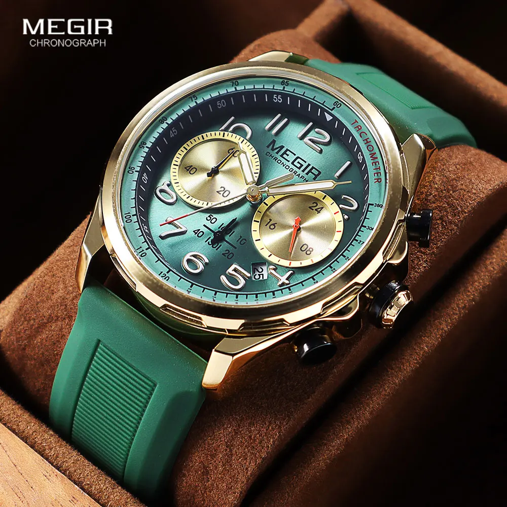 Top Trends: MEGIR Fashion Sport Quartz Watch For Men Golden Green Silicone Strap Chronograph Waterproof Wristwatch With Date Luminous Hands Shoppable Styles