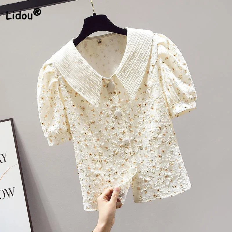 Top Trends: Fashion Korean Short Sleeve Floral Blouse For Women 2023 Summer Elegant All-match Sweet Peter Pan Collar Shirt Female Clothing Shoppable Styles