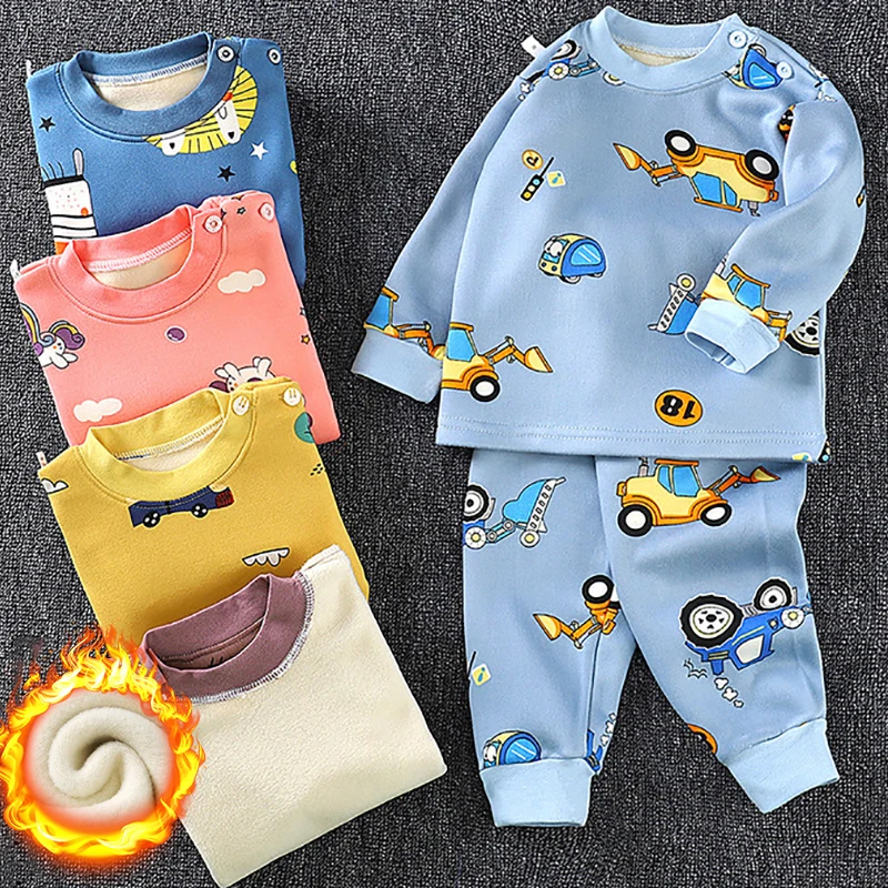 Top Trends: 2023 Autumn And Winter Thickened Long-sleeved Girl Clothes Plus Velvet Children Sets Thermal Underwear Suit Boys Cartoon Pajamas Shoppable Styles