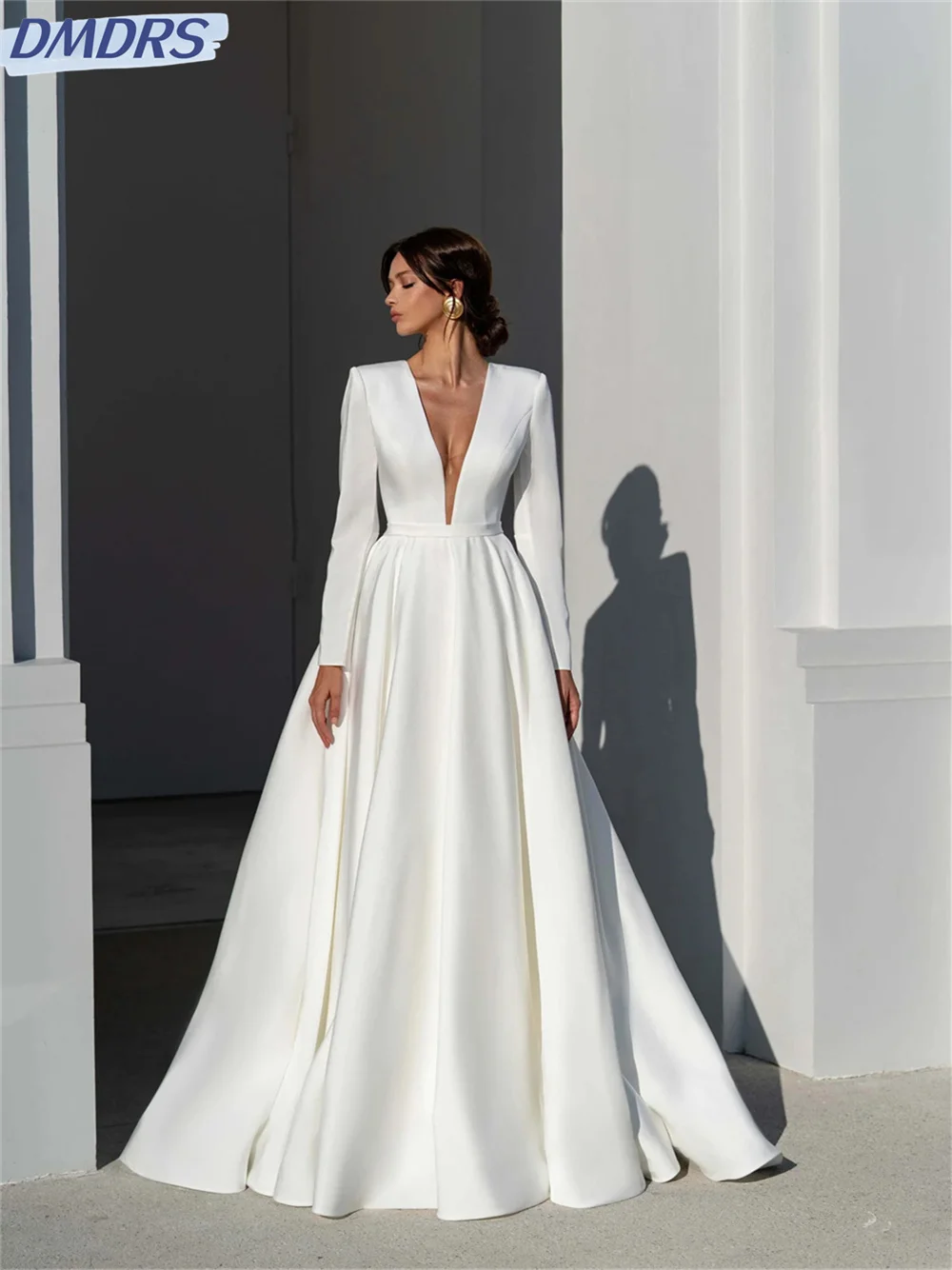 Top Trends: Elegant Satin Floor-length Prom Dress 2024 Graceful Long-sleeved Bride Gown Sexy V-neck A-line Bride Robe Vestidos De Novia Shoppable Styles