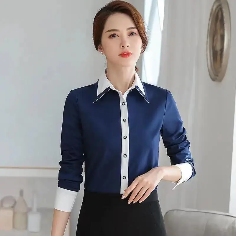 Top Trends: Temperament Blue And White Contrast Shirt Tops Spring Long Sleeve Polo Neck Slim All-match Blouse Fashion Elegant Women Clothes Shoppable Styles