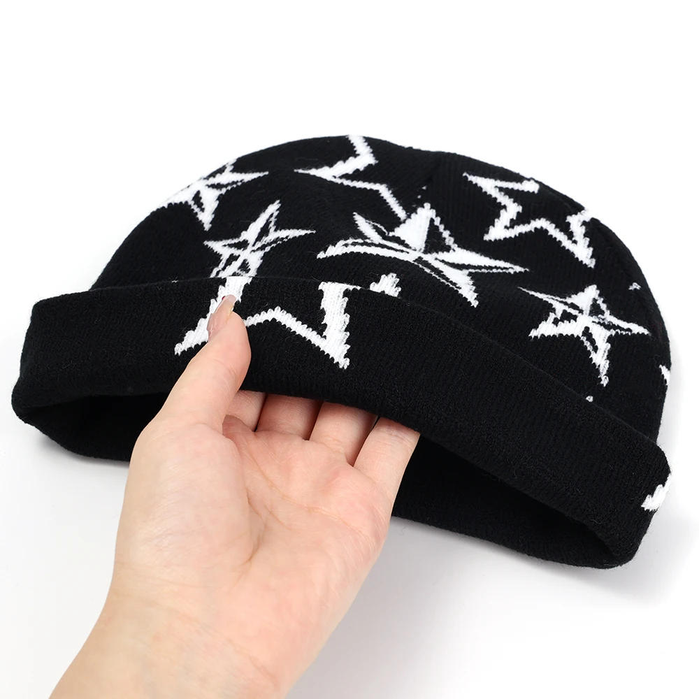 Top Trends: Fashion Knitting Star Printed Cap Men Women Pullover Pile Cap Paragraph Quality Beanie Y2k Warm Ins New Soybean Wool Cold Cap Shoppable Styles - Image 4