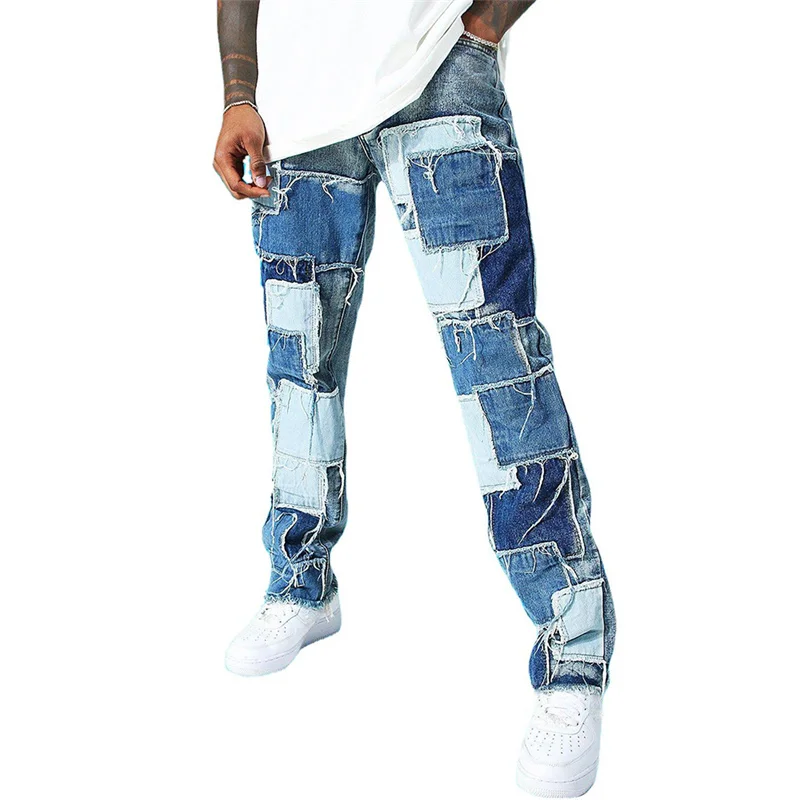 Top Trends: Fashion Trendy Color Contrast Patchwork Jeans Men&#039;s Street Style Youth Daily Casual Straight Wide Leg Denim Pants Loose Trousers Shoppable Styles