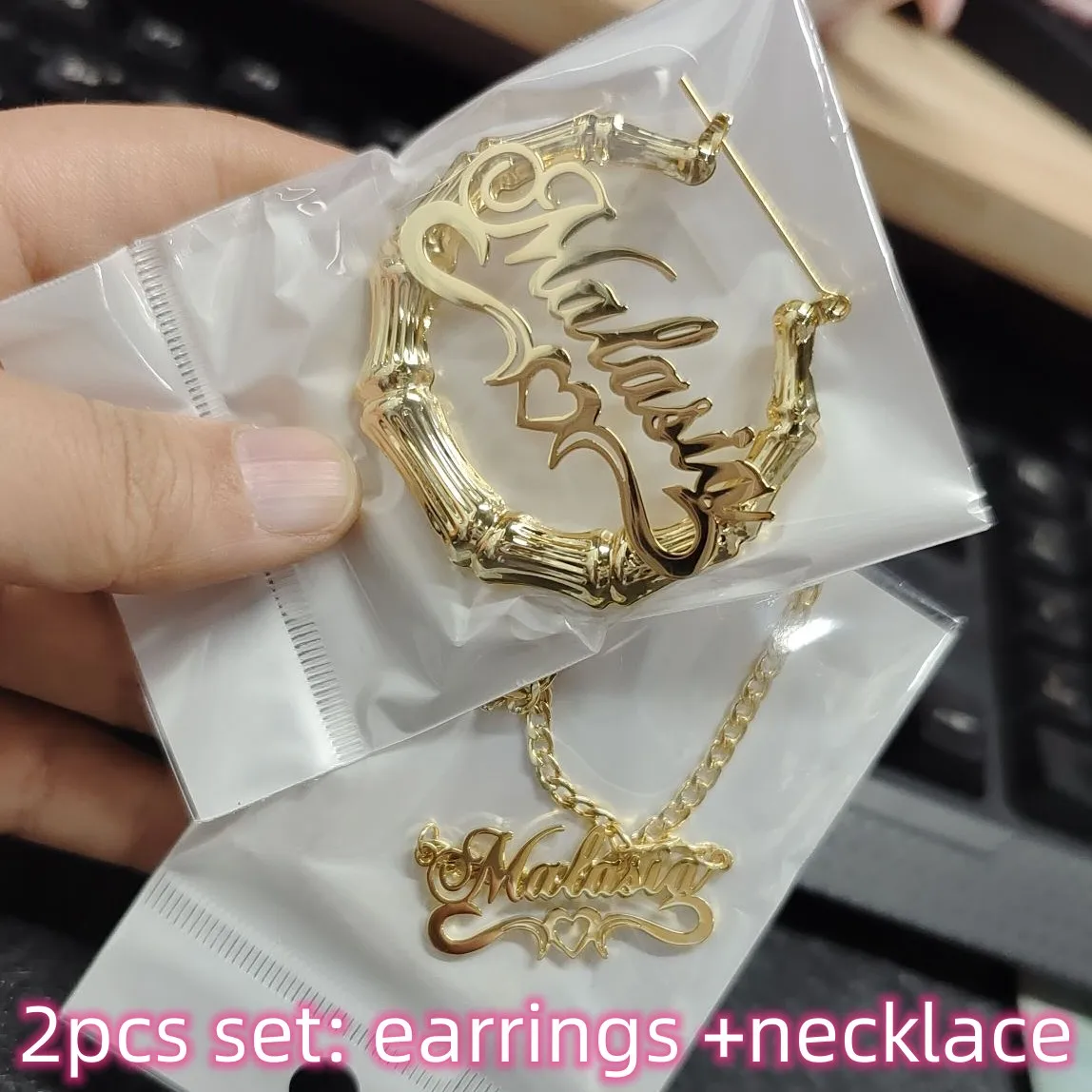 Top Trends: DOREMI 2PCS Set Name Earrings And Necklace 3MM Cuban Pendant Stainless Bamboo Hoops Custom Heart Name Letter Personalised Gift Shoppable Styles