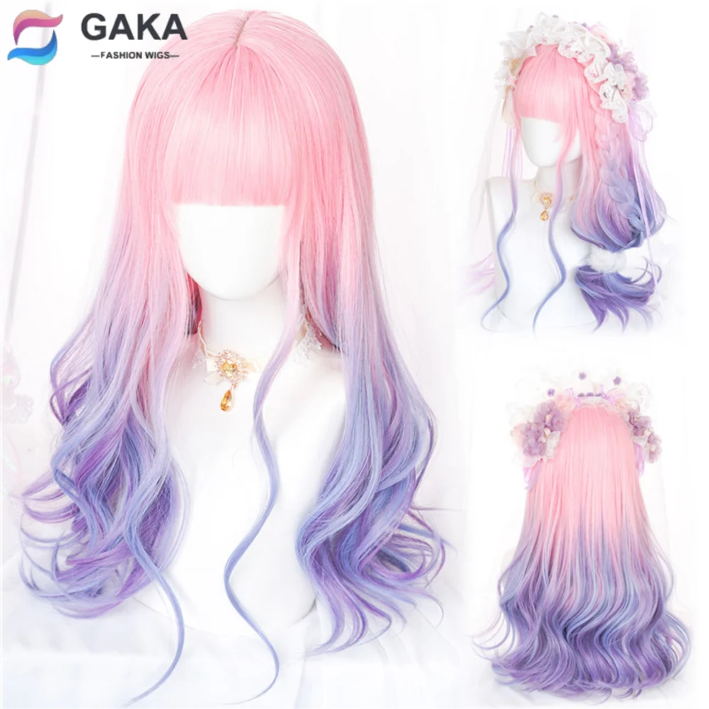 Top Trends: GAKA Long Natural Curly Synthetic Hair Pink Gradient Blue / Purple Cosplay Wig With Bangs For Women Shoppable Styles