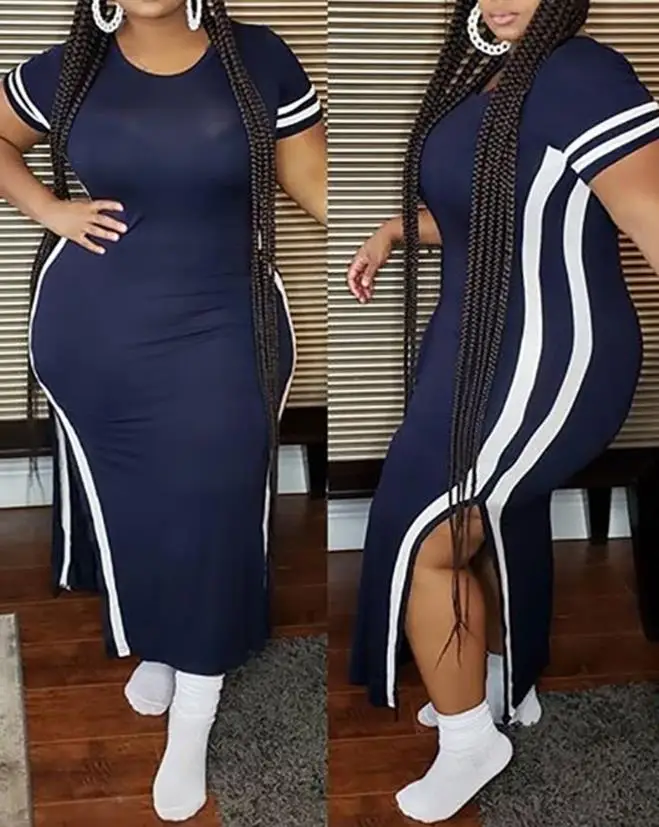 Top Trends: Elegant Dresses For Women Short Sleeve Striped Print Maxi Slit Skinny Dress New Fashion 2023 Summer Casual Shoppable Styles