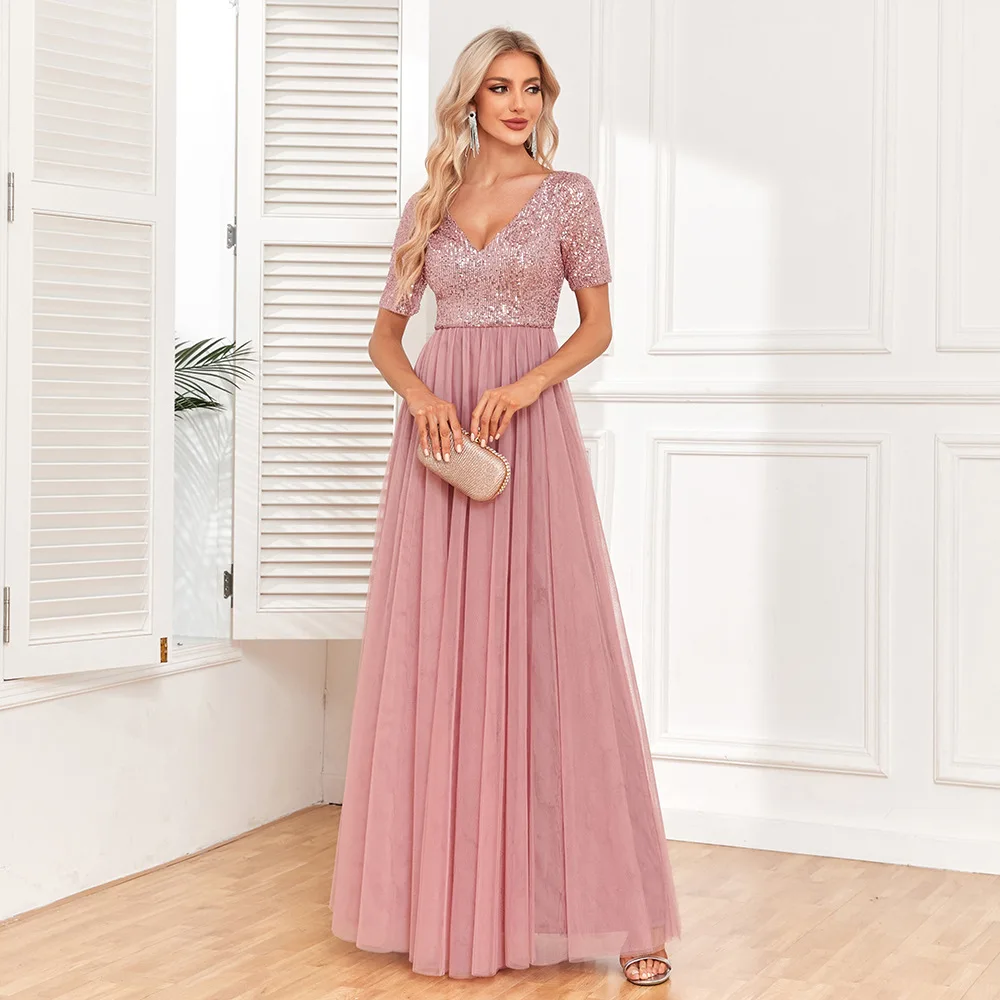 Top Trends: 2024 Ladies Elegant Short Sleeved Dress With Lace Embroidery V-neck A-line Sequin Evening Dress Bridesmaid Party Graduation Dres Shoppable Styles