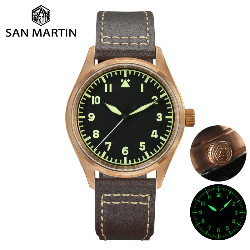 Top Trends: San Martin Bronze Pilot Watch Military YN55A Retro Simple Style Mens Automatic Mechanical Watches Leather Strap 20Bar Luminous Shoppable Styles