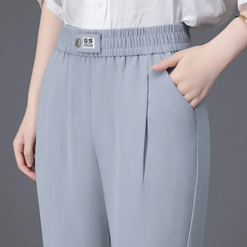 Top Trends: Korean Simple Thin Women Casual Pants Spring Summer Solid Elastic High Waist Pocket Loose Fashion Breathable Big Size Trousers Shoppable Styles