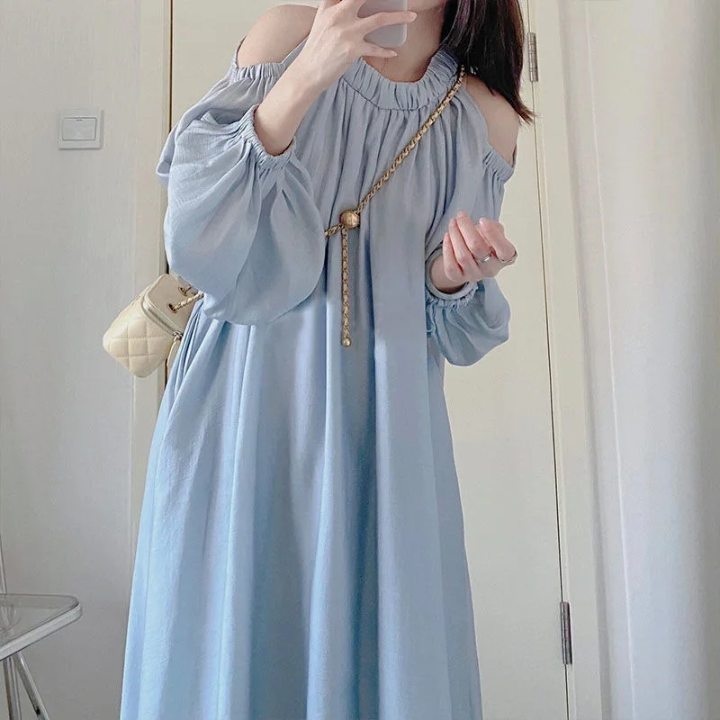 Top Trends: Sweet Loose Folds Off Shoulder Lantern Sleeve Long Dress Female Clothing 2023 Spring Summer New Korean Asymmetrical Sexy Dress Shoppable Styles