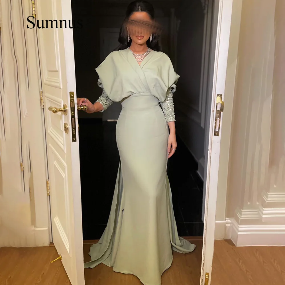 Top Trends: Sumnus Saudi Arabic Mermaid Evening Dresses Sequins Long Sleeve Pleats Satin Long Celebrate Event Dress Dubai Prom Party Gowns Shoppable Styles