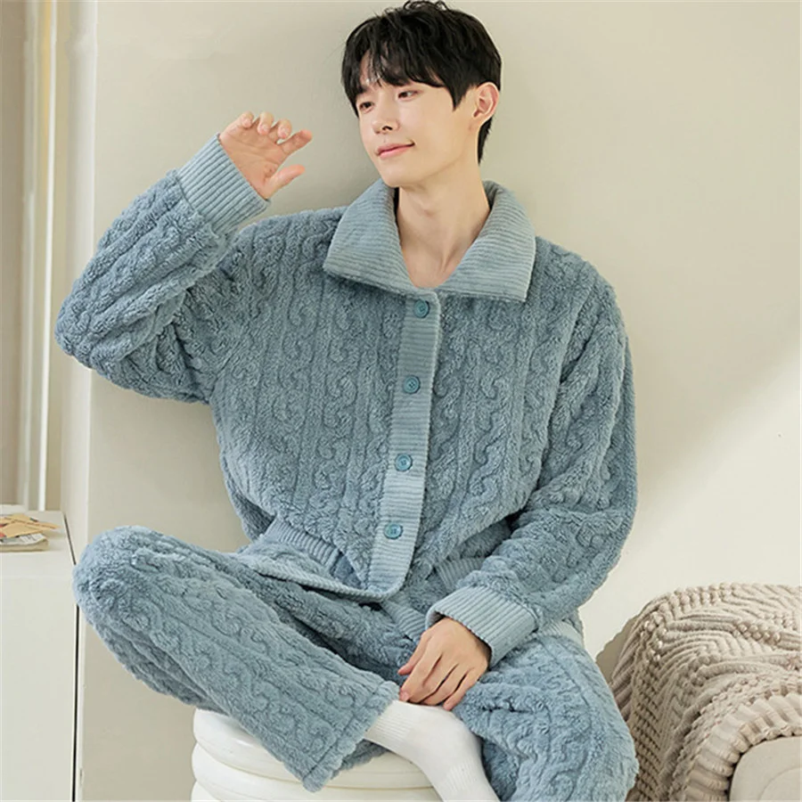 Top Trends: Men Warm Flannel Winter Pajamas Turn-down Collar Long Sleeve Homewear Two-piece Set Loose Comfortable Thick Sleepwear Nightwear Shoppable Styles