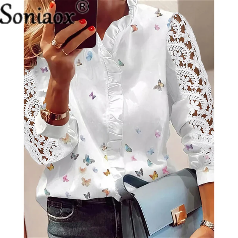 Top Trends: 2022 Autumn Fashion Butterfly Print Women Blouses Lace Long Sleeve Ruffle V-Neck Blouse Shirt Casual Tee Tops Elegant Work Shirt Shoppable Styles