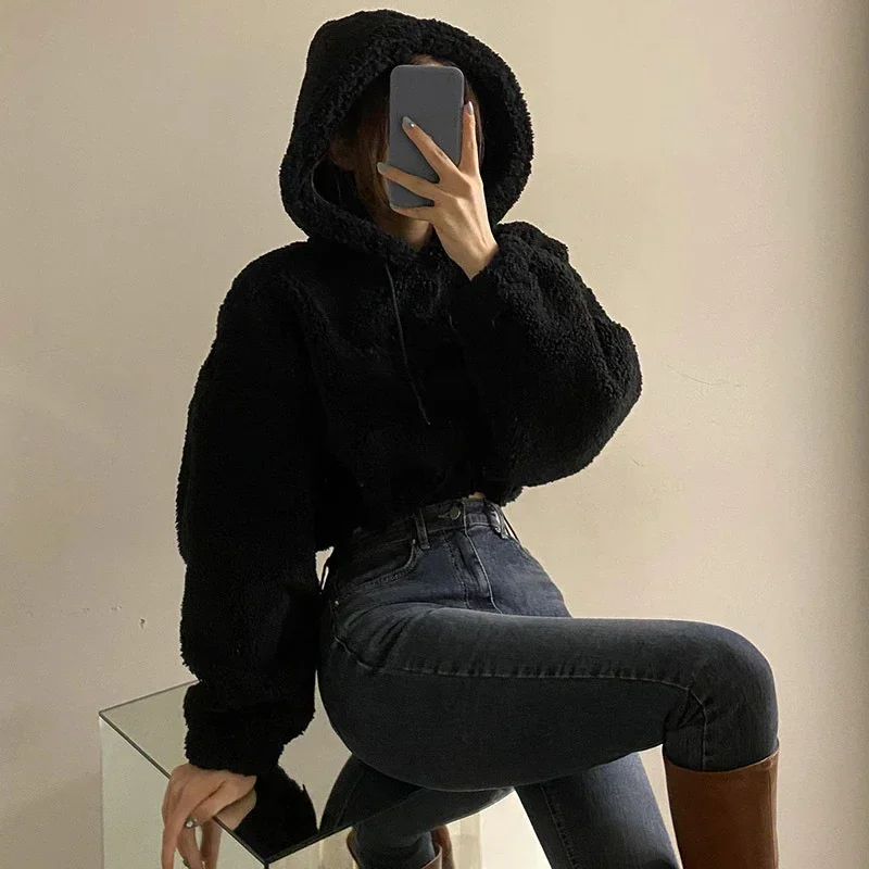 Top Trends: Cute Hairy Sweat Hoodie Autumn Warm Faux Lamb Fur Oversized Black White Women Fleece Sweatershirt Crop Top Loose Pullover Y2k Shoppable Styles