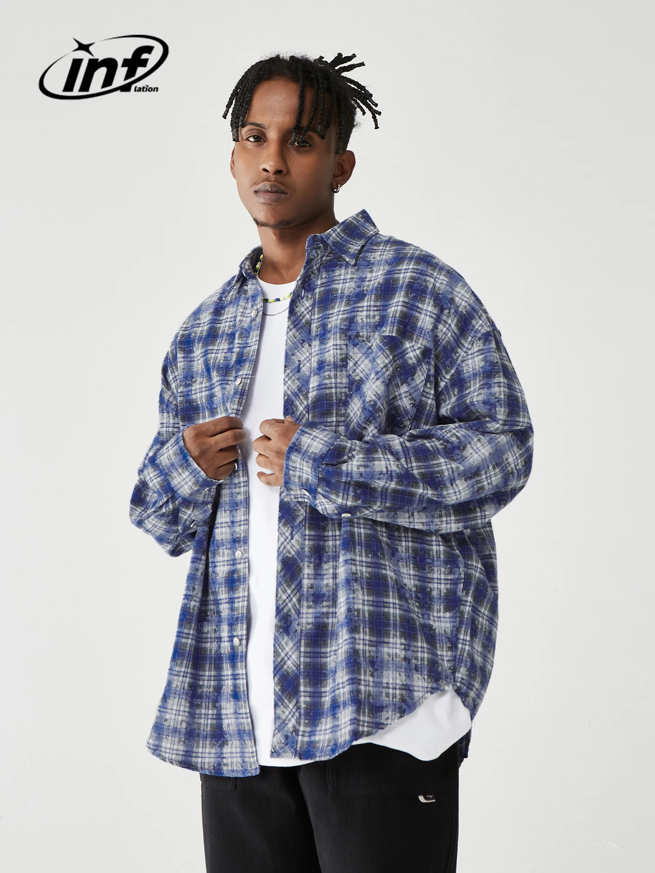 Top Trends: INFLATION Brushed Check Shirts Men Blue Plaid Long Sleeve Oversized Shirts Male Plus Size Shoppable Styles