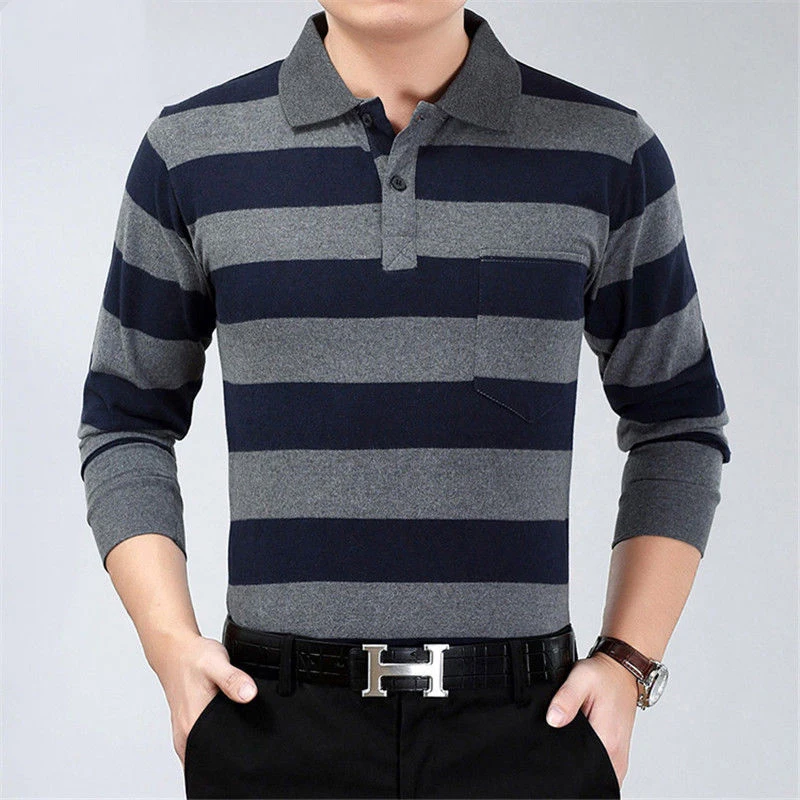 Top Trends: Spring Autumn Stripe Casual Fashion Polo Shirts Men Long Sleeve Loose Casual Tops All Match Pullover Korean Tees Male Clothes Shoppable Styles - Image 2