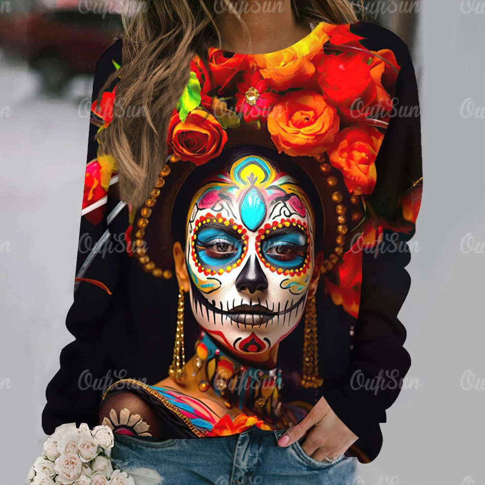 Top Trends: Women's Long Sleeve T-Shirt Funny Face 3d Skull Print Streetwear Retro Pullover Gothic Sweater O Neck Autumn Clothing T Shirts Shoppable Styles