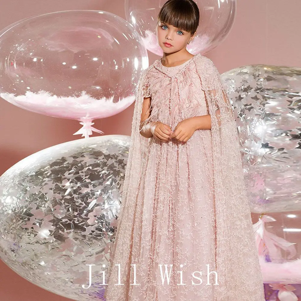 Top Trends: Jill Wish Luxury Pink Feather Flower Girl Dress Beads With Cap A-Line Princess Kids Gown For Wedding Birthday Party Pageant J101 Shoppable Styles