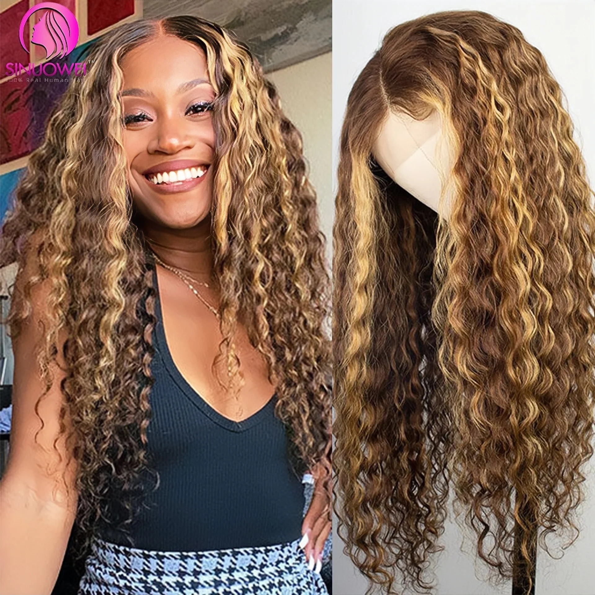 Top Trends: 32 Inch Highlight Wig Human Hair 13x6 Water Wave Honey Blonde Lace Frontal Human Hair Wigs For Women Curly Wave Lace Front Wig Shoppable Styles