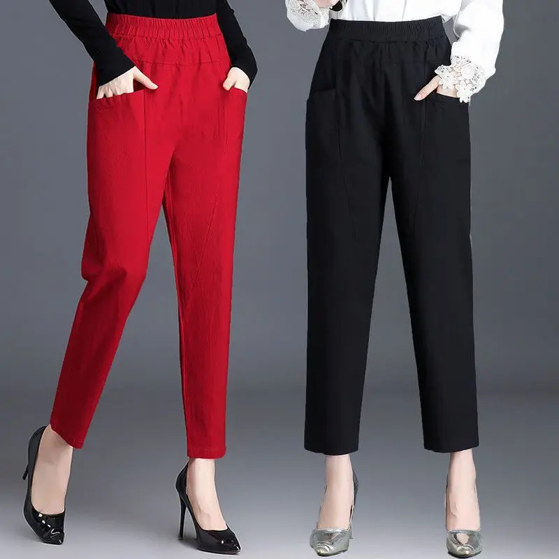 Top Trends: Pure Cotton Women Casual Pants Spring Autumn Korean New Solid Fashion Elastic High Waist Version Big Size Loose Straight Trouser Shoppable Styles