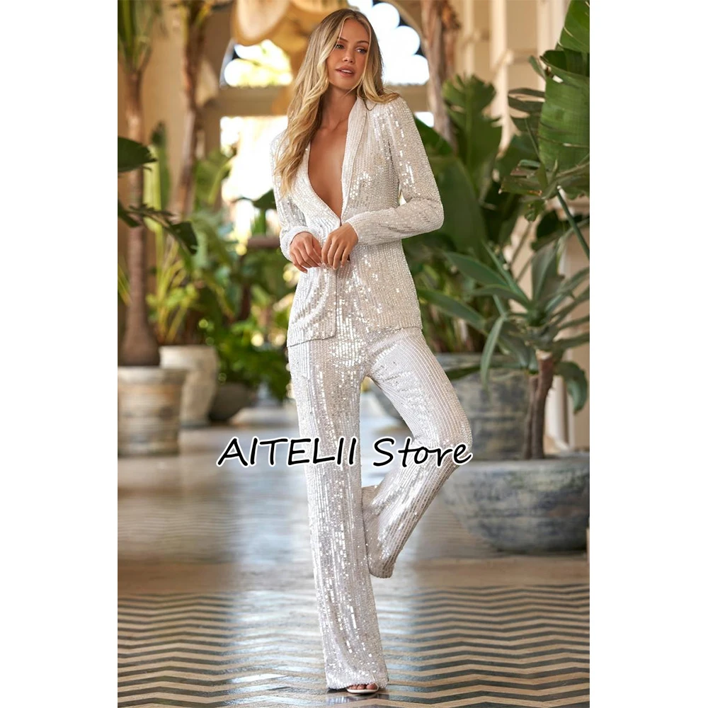 Top Trends: Fashion Women's Trouser Suit Womens Set Sequins 2023 Woman Suits Sets Elegant 2 Piece Ensembles Pantalons 여성투피스정장세트 Shoppable Styles