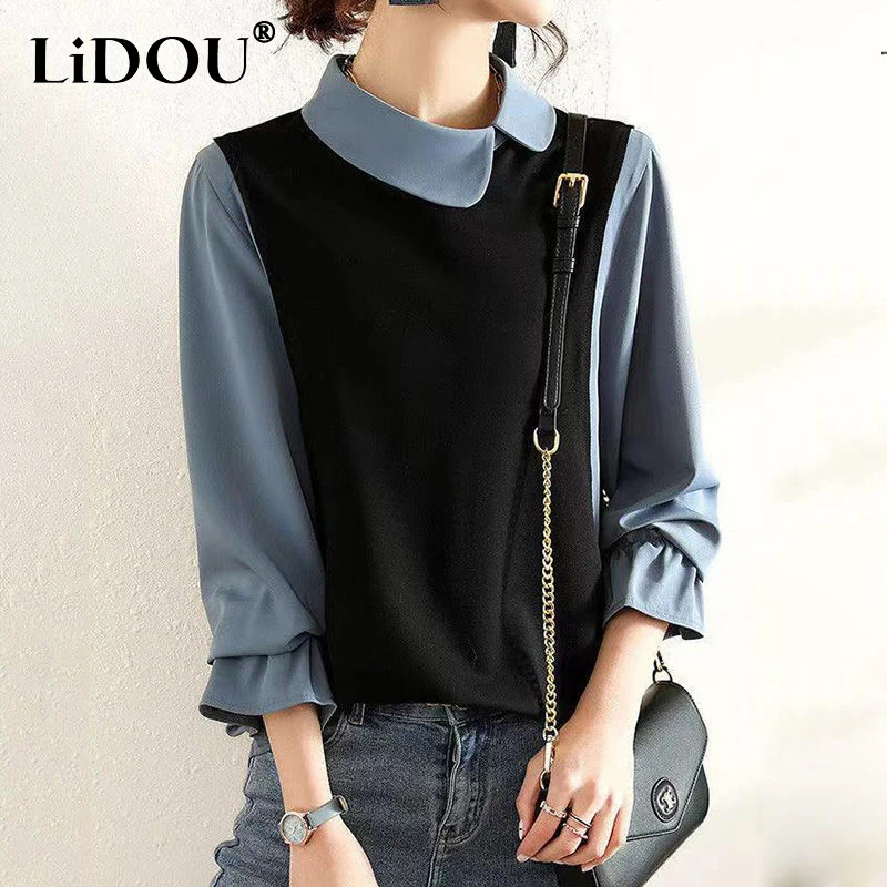 Top Trends: Spring Autumn Korean Style Doll Collar Office Lady Fake Two Piece Elegant Pullover Top Women Long Sleeve Slim Wild Blouse Shirt Shoppable Styles