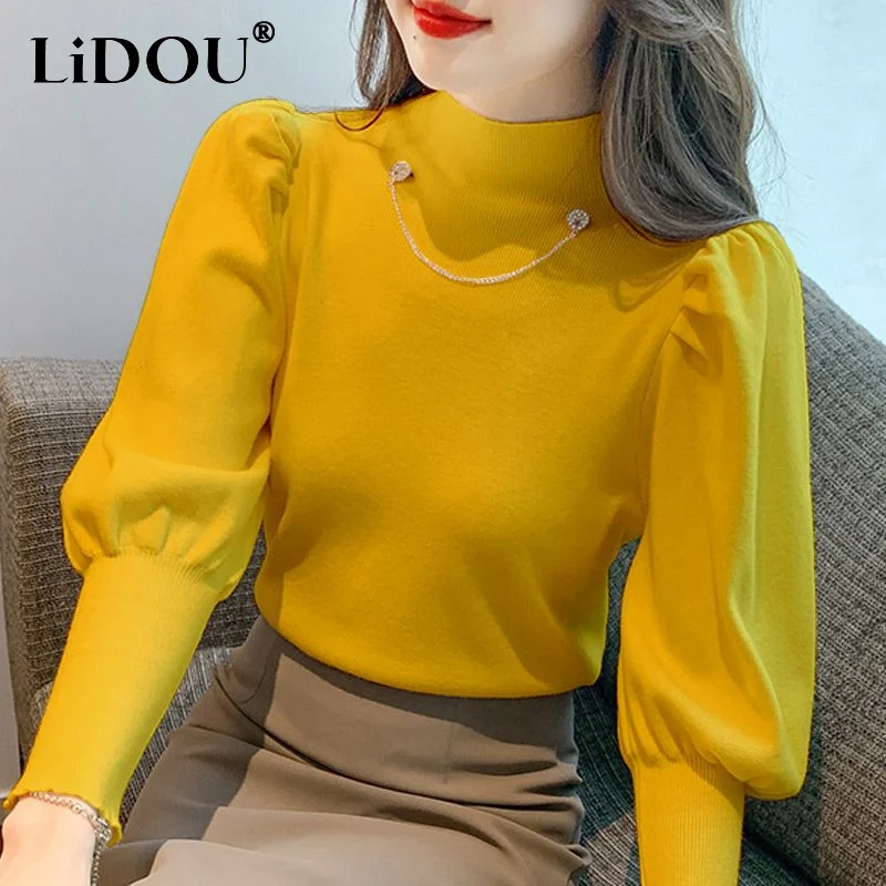 Top Trends: 2023 Autumn Winter Solid Color Fashion Half High Collar Long Sleeve Sweater Women Casual Slim Chains Elegant All-match Pullovers Shoppable Styles