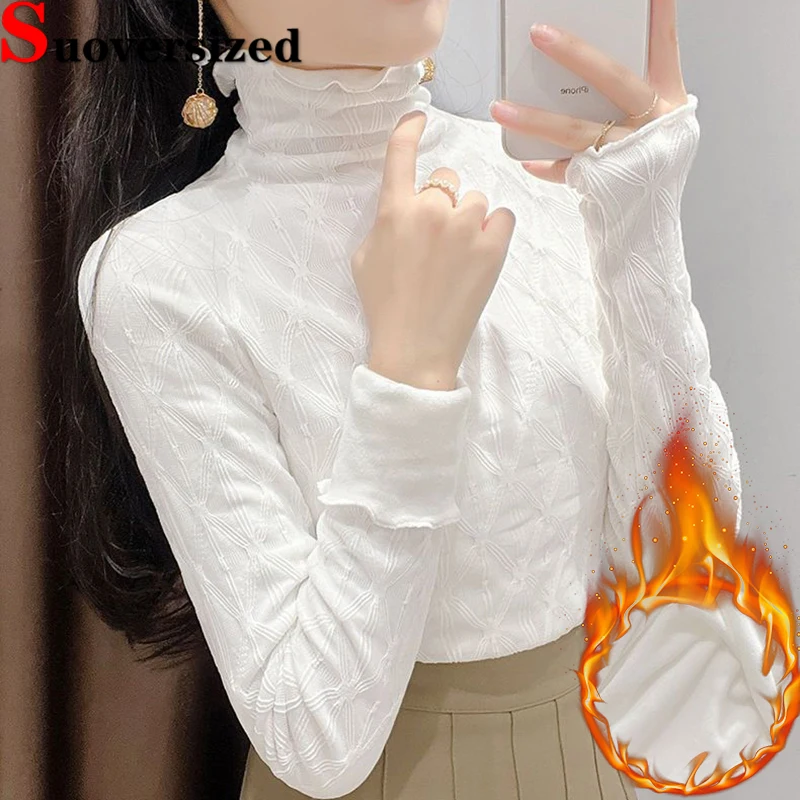 Top Trends: Winter Slim Turtleneck Lace Tops Plus Velvet Warm Bottoming T-shirts Korean Women's Thick T Shirt Plush Lined Long Sleeve Tees Shoppable Styles