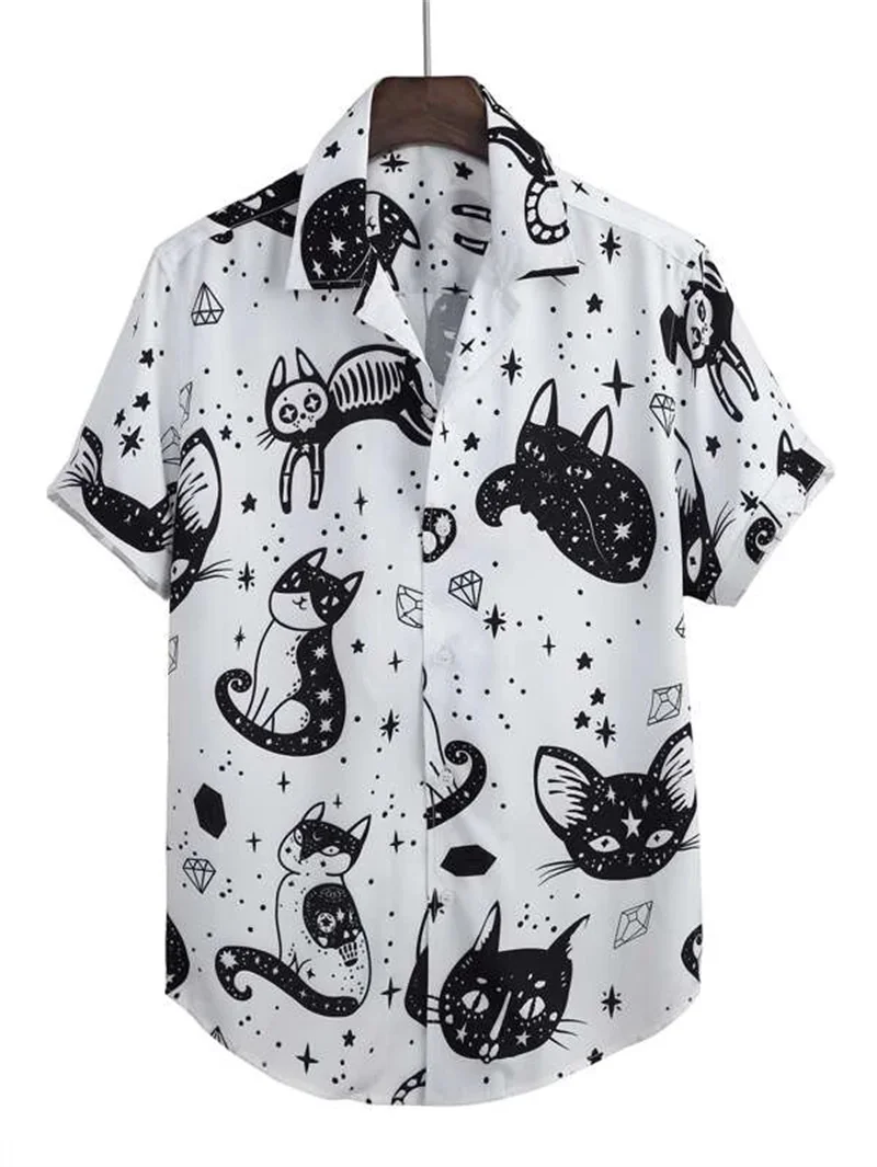 Top Trends: Cat Printed Cuban Collar Shirts For Men&#039;s Summer Vintage Elements Shirt Hawaii Beach Men&#039;s Clothing Outdoor Street Loose Top Shoppable Styles