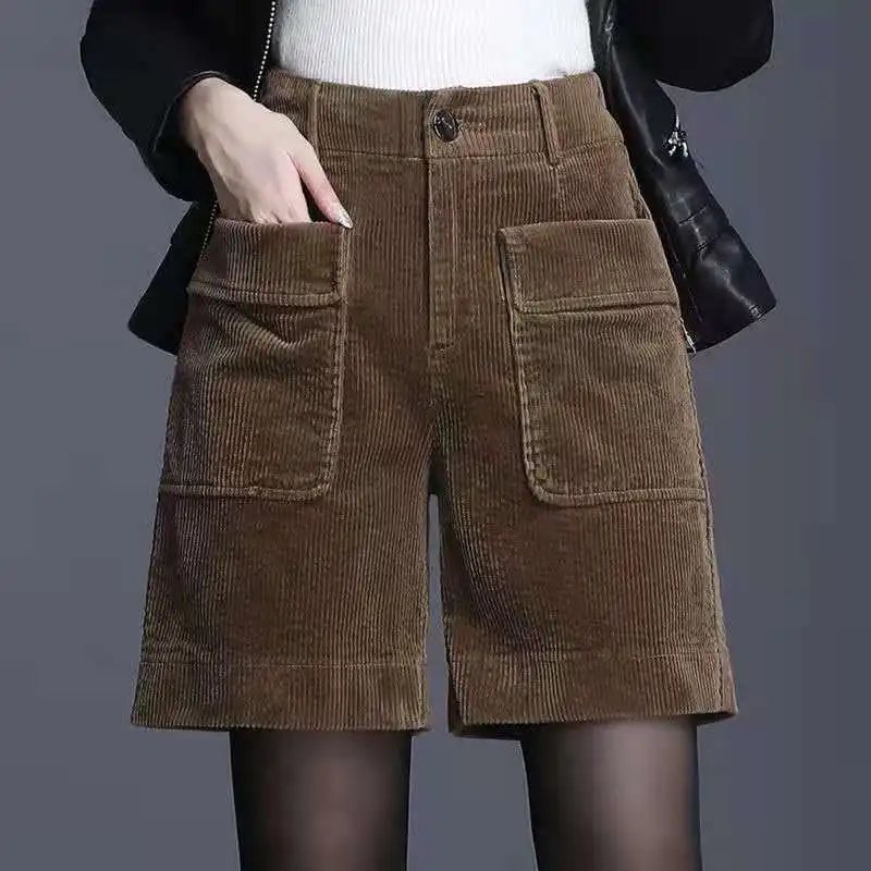 Top Trends: Women&#039;s High Waist Solid Pocket Button Split Pants 2023 New Autumn / Winter Korean Wide Leg Corduroy Loose Fashion Casual Shorts Shoppable Styles