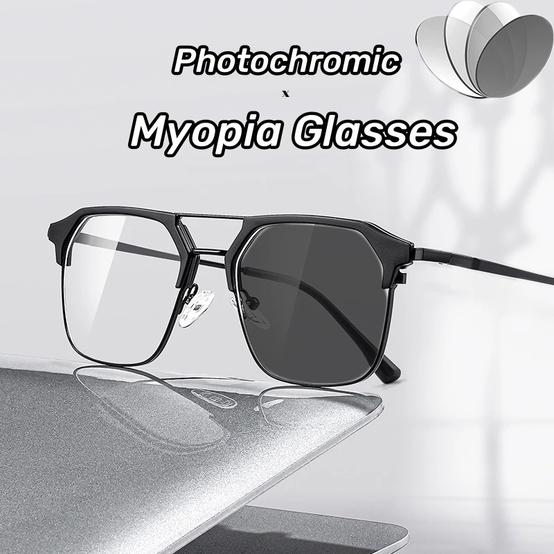 Top Trends: New Metal Double Beam Myopia Eyeglasses Anti Blue Light Photochromic Short Sight Glasses Ultra Light Big Frame Myopia Eyewear Shoppable Styles