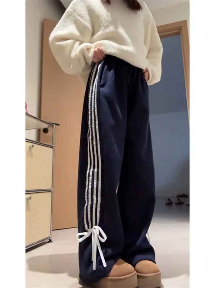 Top Trends: QWEEK Y2K Fleece Sweatpants Women Korean Fashion Ribbon Bow Brushed Pants Oversized Winter Harajuku Striped Jogger Trousers Shoppable Styles