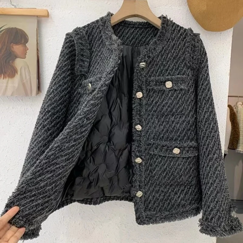 Top Trends: Cropped Tweed Coat Women Korean Fashion Long Sleeve Autumn Winter Jacket Plus Size Loose Single Breasted Warm Vintage Overcoat Shoppable Styles