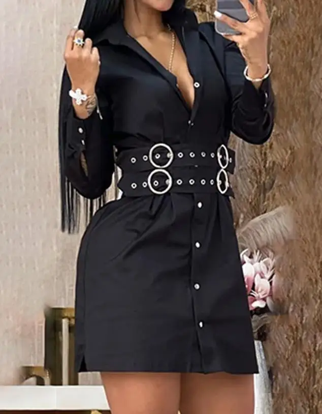 Top Trends: Womens Dresses 2023 Summer Fashion Buckle Eyelet Long Sleeve Buttoned Casual Turn-Down Collar Plain Mini Shirt Dress With Belt Shoppable Styles