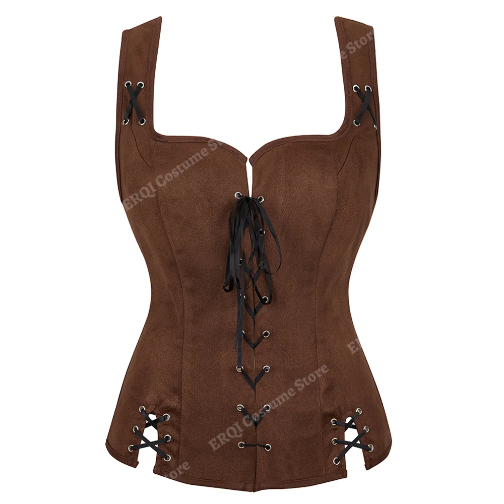 Top Trends: Pirate Vest Costume Corset With Straps Viking Costumes Women Cosplay Gothic Vest For Women Lace Up XS-XXXL Brown Shoppable Styles