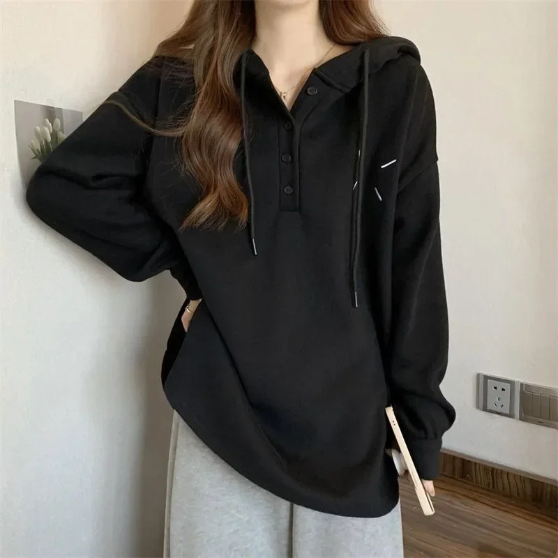 Top Trends: Women Long Sleeved Hooded T-shirt Loose And Slim Versatile Top Button Design Korean Version Autumn And Winter New Clothing Shoppable Styles