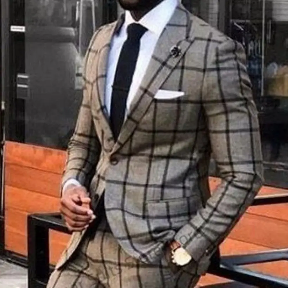 Top Trends: Classic Dark Grey Plaid Wedding Suits For Men Slim Fit Peak Lapel Groom Tuxedos 2 Pieces Sets Business Male Blazer Costume Homme Shoppable Styles