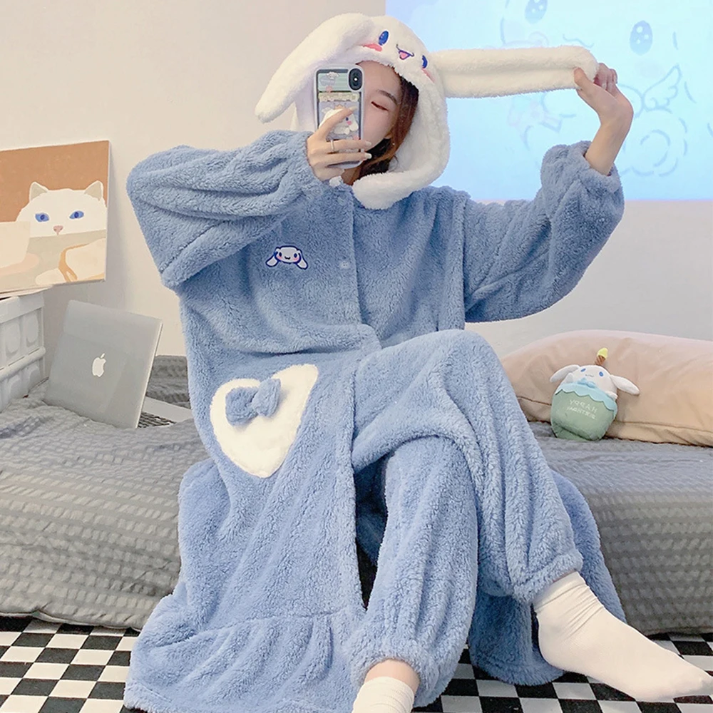 Top Trends: Young Women Winter Thin Nightgown Length To Shank Polyester Warm Comfortable Blue Jade Gui Dog Leisure Wear With Two Long Ears Shoppable Styles