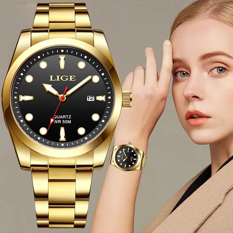 Top Trends: LIGE Fashion Gold Women Watches Stainless Steel Waterproof Quartz Watch Women Casual Sport Luminous Watch For Women Reloj Mujer Shoppable Styles